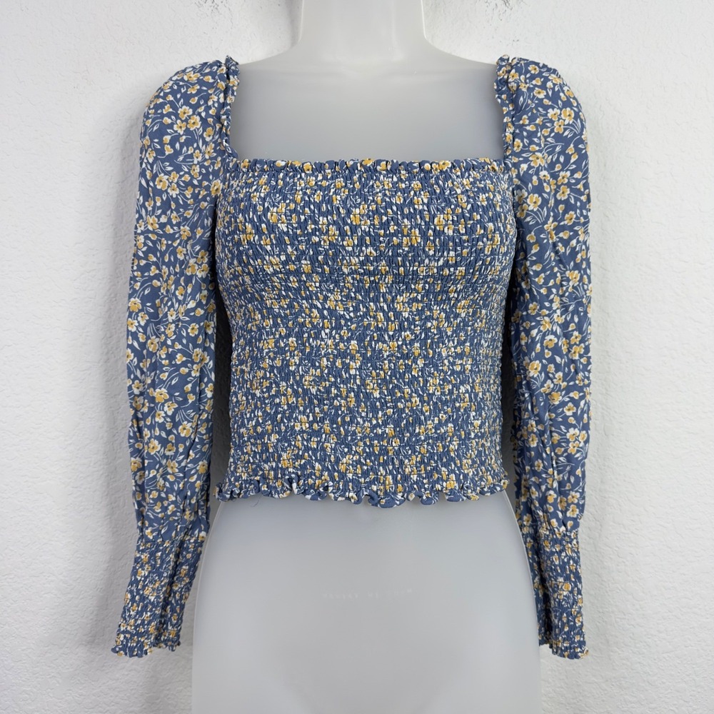 Reformation Shirt Womens M Blue Floral Smocked Romantic Cottagecore Boho 90s Y2K